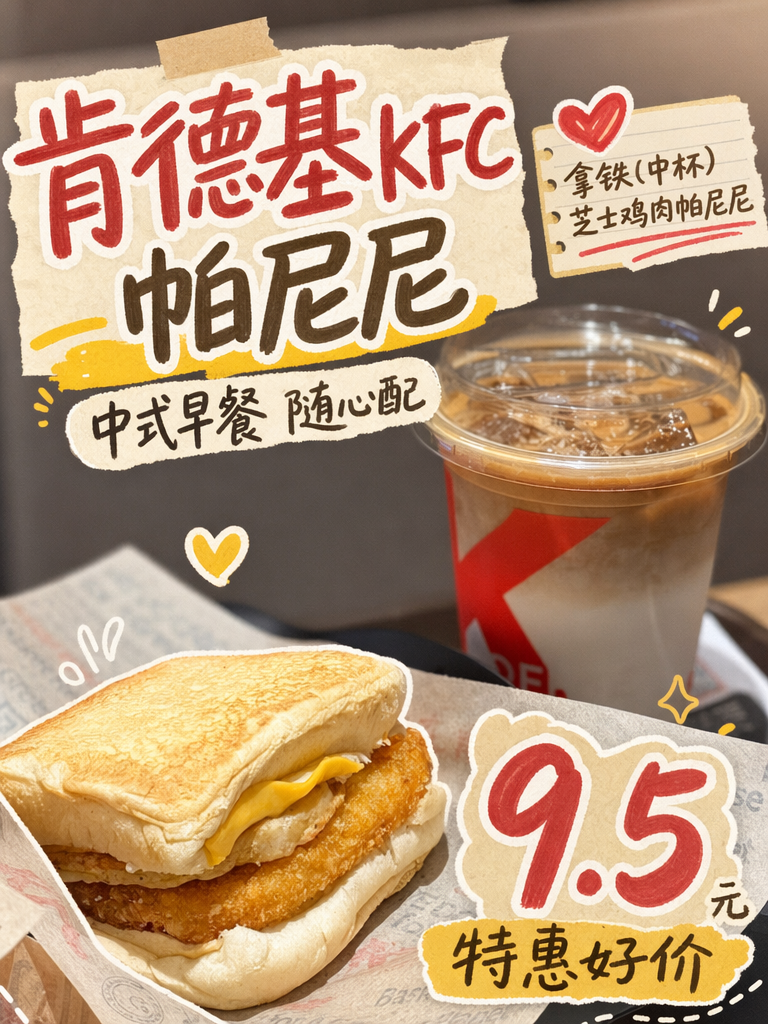 肯德基芝士鸡肉帕尼尼+拿铁9.5元,早餐升级